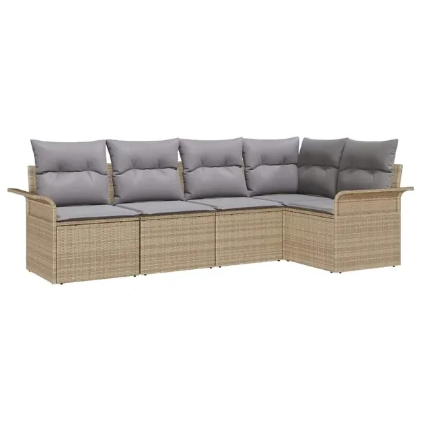 Zestaw Sof Ogrodowych, Nowoczesny, Beżowo-Szary, 5 Elementów, Rattan