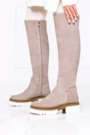 Kozaki damskie - Beżowe kozaki na platformie za kolano POLSKA SKÓRA Casu 2134-41 - miniaturka - grafika 1