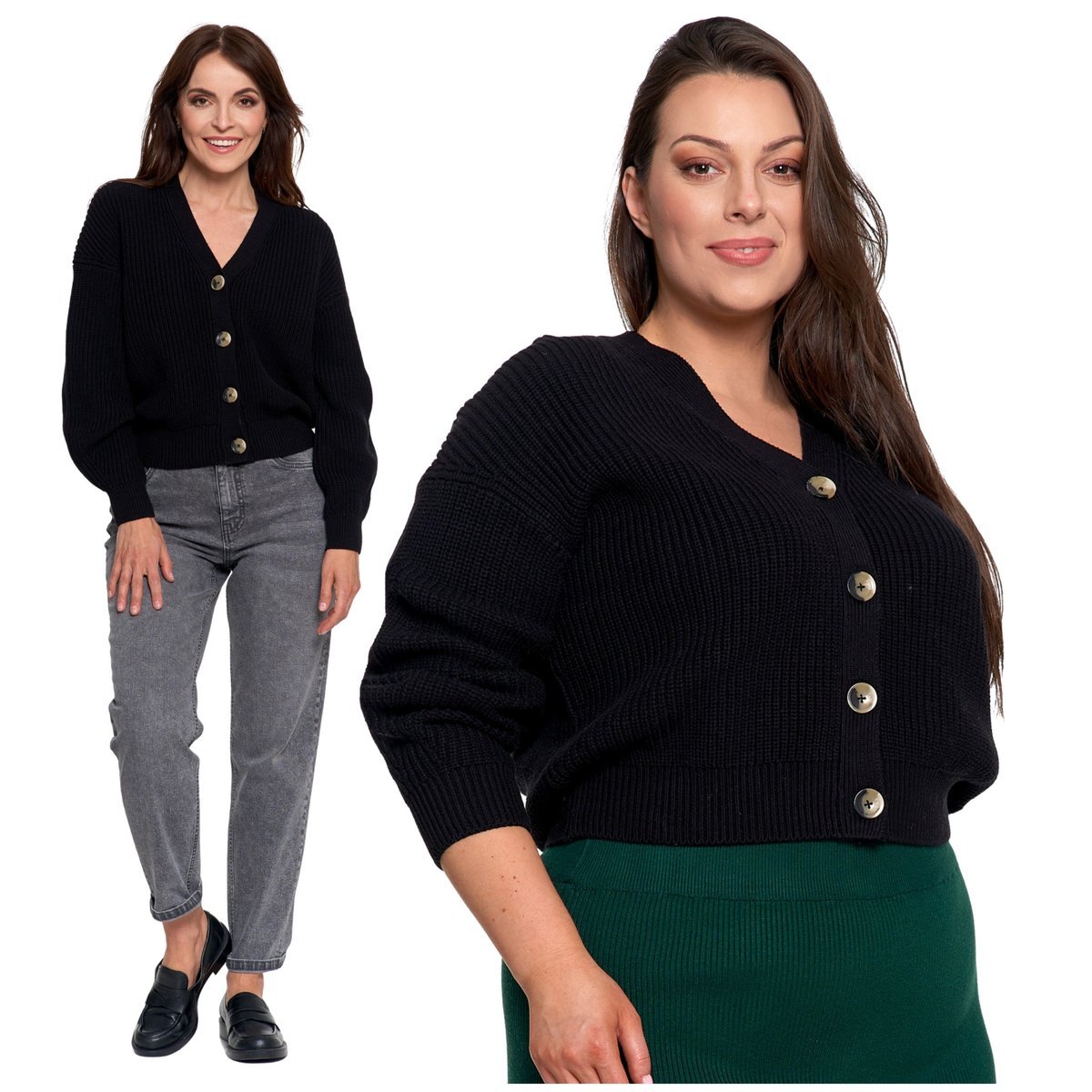 CIEPŁY SWETER DAMSKI KARDIGAN SZEROKIE RĘKAWY ELEGANCKI KLASYCZNY MORAJ XXL