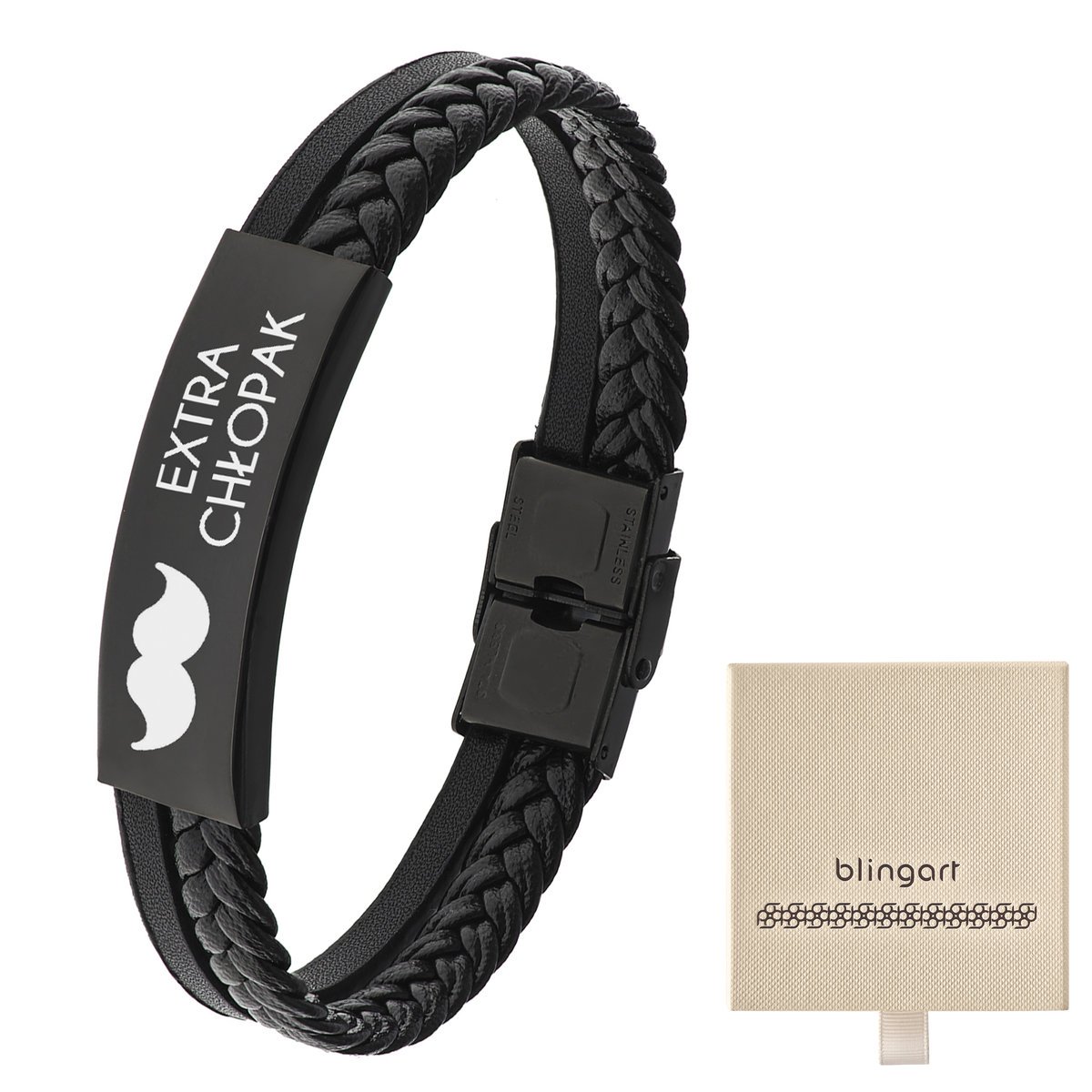 Bransoletka męska z GRAWEREM czarna plecionka blas