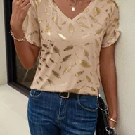 Bluzki damskie - TEMU Damska letnia T-shirt z eleganckim złotym drzewiastym wzorem - miękka, z wycięciem pod szyją, krótki rękaw, lekki top z poliestru na co dzień, - miniaturka - grafika 1