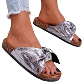 Klapki i japonki damskie - Klapki Damskie Lekkie na Korkowej Podeszwie Wendy Metallic Srebrne 38 - miniaturka - grafika 1