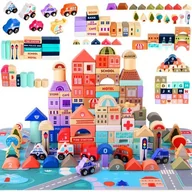 Klocki - Klocki Miasto Drewniane Auta Zestaw + Puzzle Mata 115 Klocków Edukacyjne - miniaturka - grafika 1