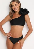 Stroje kąpielowe - Czarne 2-Częściowe Bikini Stanik na Jedno Ramię z Aplikacją Kwiatka 3D i Majtki Figi Simelba - miniaturka - grafika 1