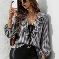 Koszule damskie - TEMU Czarno-biała koszula w kratę sznurowana Dekolt V, długi rękaw, luźny krój, idealna na co dzień i do pracy - miniaturka - grafika 1