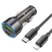 Akcesoria do smartwatchy - HOCO ładowarka samochodowa USB QC 18W + Typ C 25W + kabel Typ C do Lightning PD43W NZ12A transparentna czarna - miniaturka - grafika 1