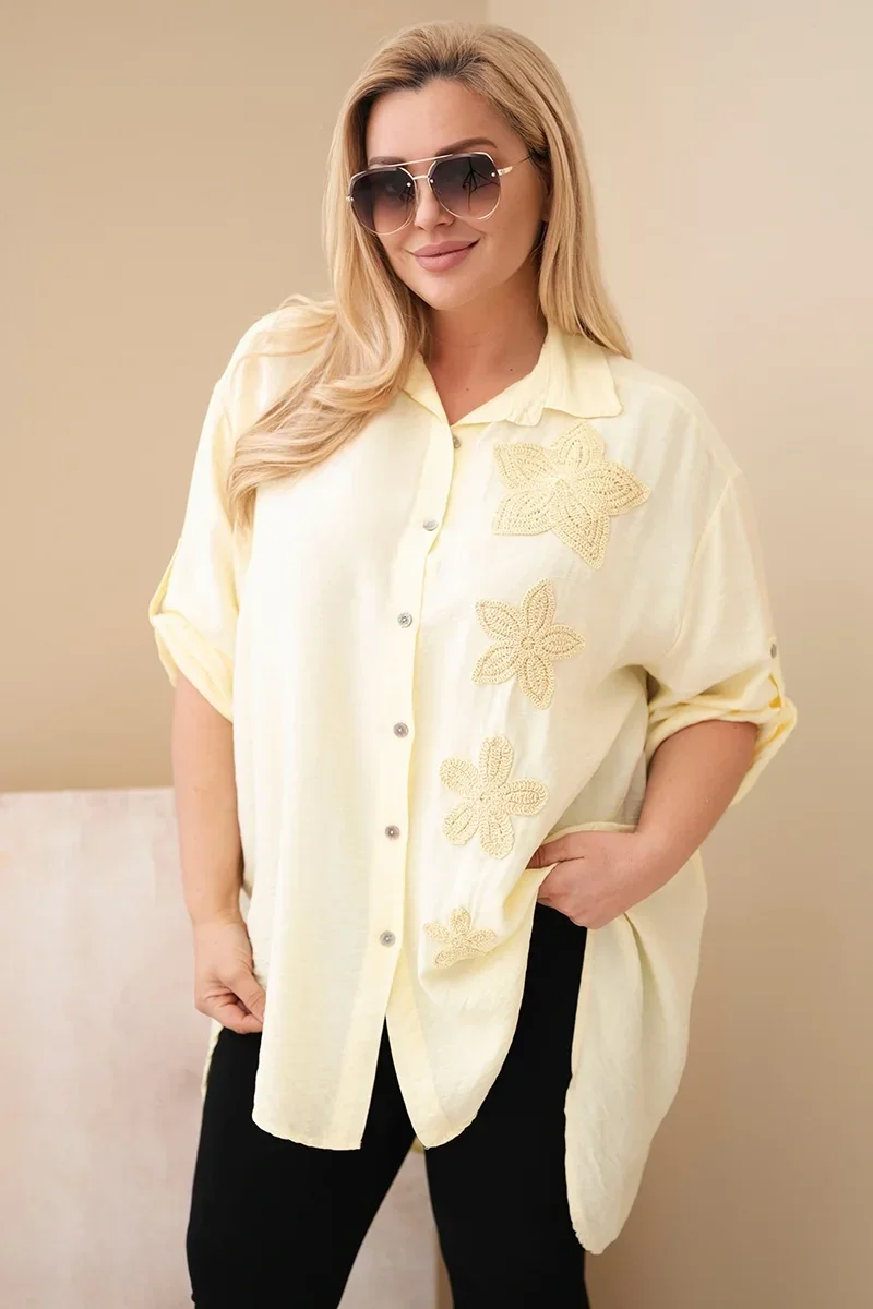 Koszula damska Plus Size z wiskozy z haftem kwiatowym żółta Żółty