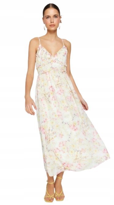 TRENDYOL DŁUGA SUKIENKA W KWIATY Z FALBANKĄ NA RAMIĄCZKACH 34 5AA