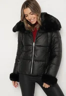 Kurtki damskie - Czarna Pikowana Kurtka z Szerokim Kołnierzem z Futerkiem Galerra - miniaturka - grafika 1