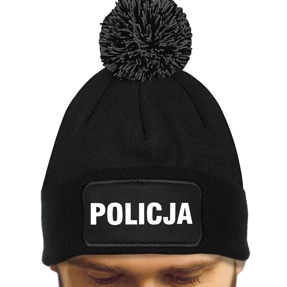 Czarna Czapka Zimowa Z Pomponem POLICJA Ciepła Na Prezent Wzory