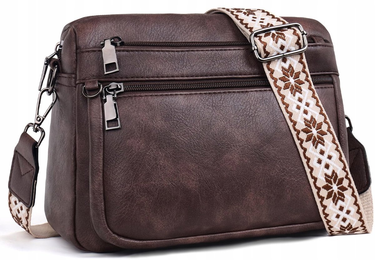 MUIIKOLA Torebka Damska Skórzana Średnia Z Szerokim Paskiem Ciemny Brąz