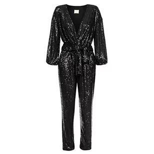 Swing Fashion Elegancki kombinezon damski, odświętny kombinezon na imprezę, brokatowy kombinezon, kombinezon do zabawy, kombinezon z cekinami, dekolt w serek, długi rękaw, czarny, 40 (L) - Kombinezony - miniaturka - grafika 1