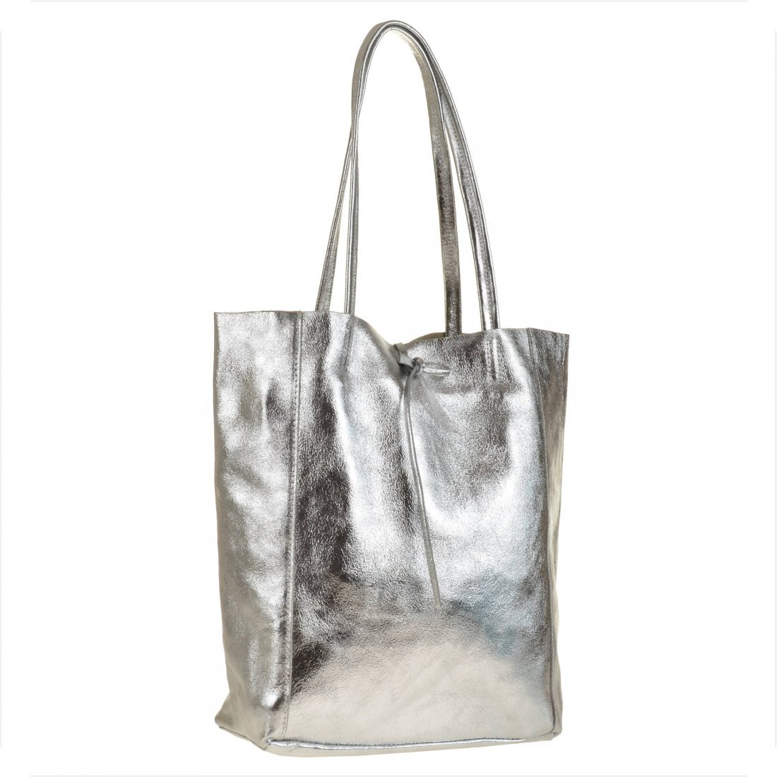 Torebka skórzana lekka shopper srebrna z rzemykami