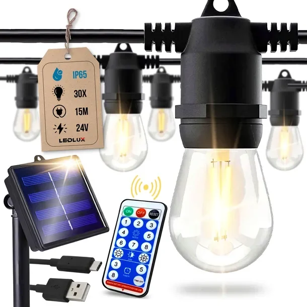 Girlanda Ogrodowa Solarna Lampki Zewnętrzne 15m 30 Żarówek LED E27 + Pilot