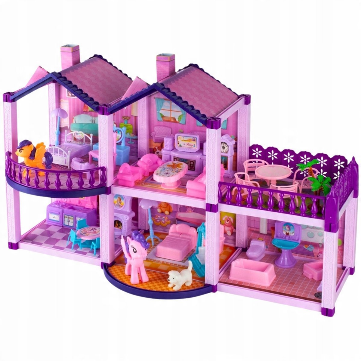 Domek dla Lalek Kucyków Koniki dla Dzieci Villa Różowa Pies Mebelki Kucyki
