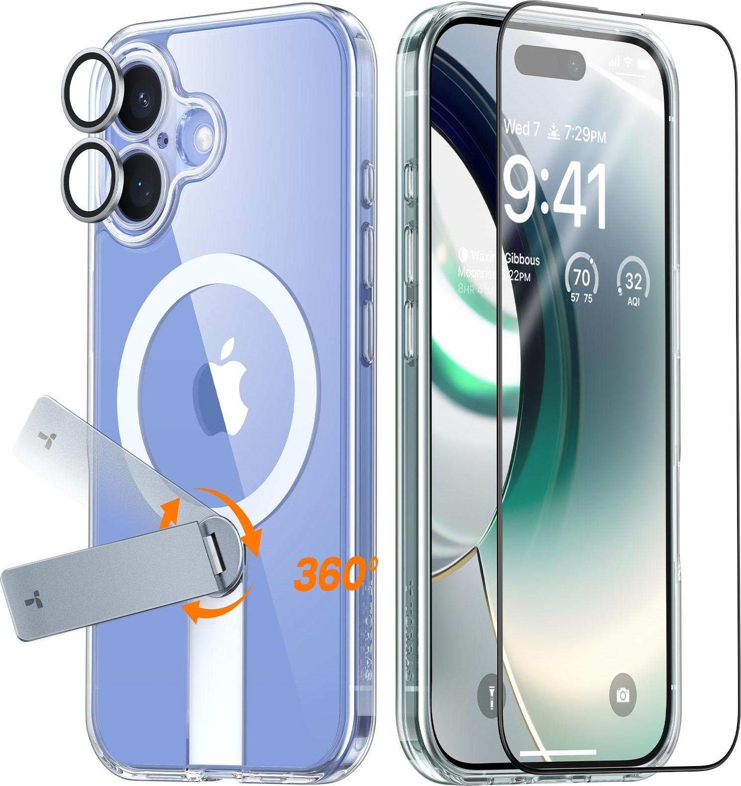 Torras Pstand Spin 3-in-1 Bundle dla iPhone 16 Przezroczyste etui na telefon komórkowy