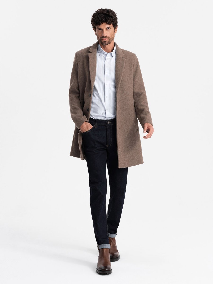Elegancki jednorzędowy męski płaszcz wełna brązowy V1 OM-COWC-0114 S