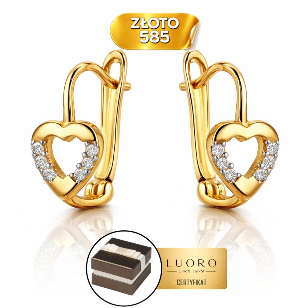 KOLCZYKI ZŁOTE 585 14K SERCE Z CYRKONIAMI ANGIELSKIE ZAPIĘCIE 11 MM