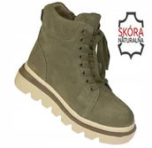 Botki damskie - Śniegowce damskie skórzane botki ocieplane creepersy khaki B-3-1379 roz. 36 - miniaturka - grafika 1