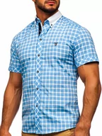 Koszule męskie - Koszula męska elegancka w kratę z krótkim rękawem błękitna Bolf 5531 - miniaturka - grafika 1