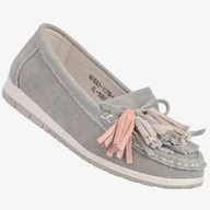 Mokasyny damskie - Mokasyny Damskie Skórzane Buty Półbuty Z Frędzlami Szare Jezzi 9PB32-1078 Szary 37 - miniaturka - grafika 1