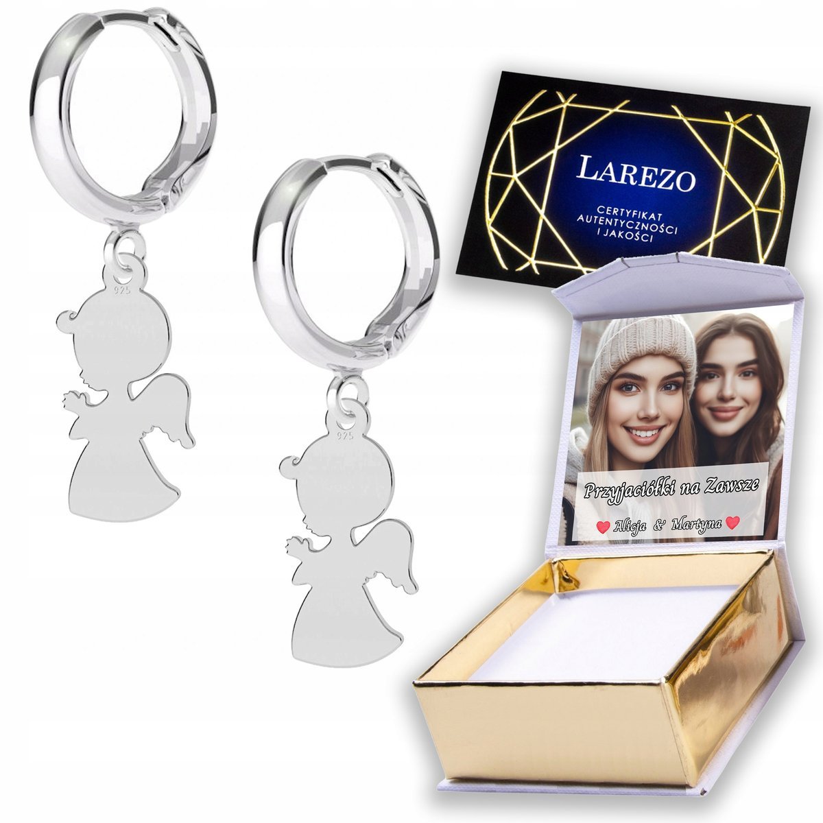 Kolczyki Srebrne 925 Anioły Chłopiec Aniołki Angel Anioł Stróż NADRUK