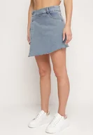 Spodenki damskie - Niebieskie Jeansowe Szorty Imitujące Spódniczkę Mini z Asymetryczną Zakładką Moonfia - miniaturka - grafika 1