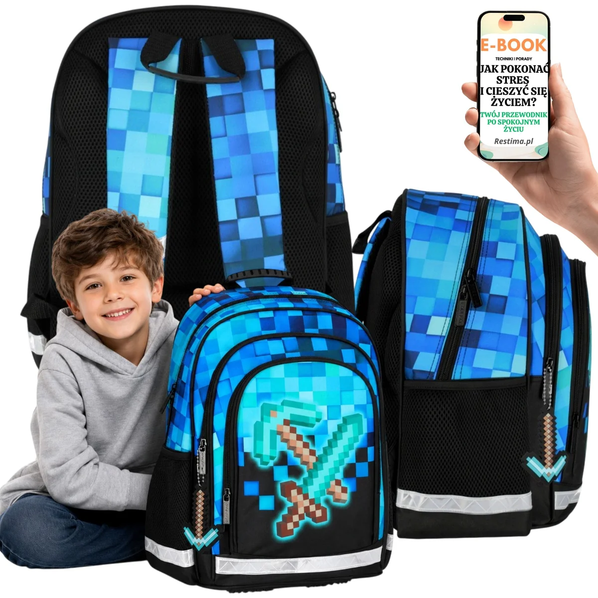 PLECAK dla Chłopca do Szkoły PIKSELE GAMING Pixel Niebieski A4 23L + E-BOOK-1