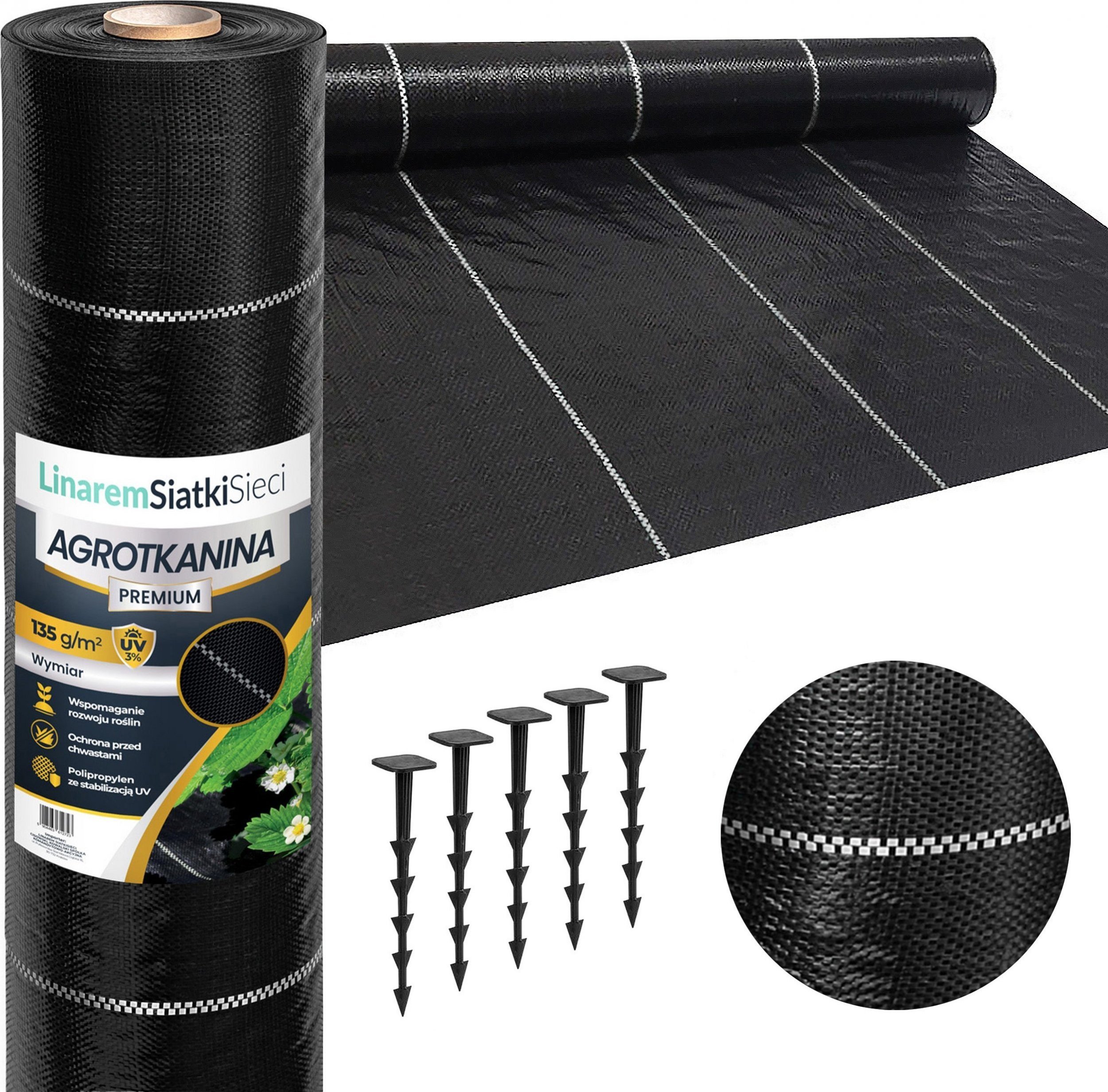 Linarem SiatkiSieci AGROTKANINA 135G 1,6x100m PREMIUM UV 3% AGROWŁÓKNINA CZARNA MATA + KOŁKI