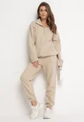Dresy damskie - Beżowy 2-częściowy Polarowy Komplet Dresowy z Bluzą i Szerokimi Spodniami Aldonor - miniaturka - grafika 1
