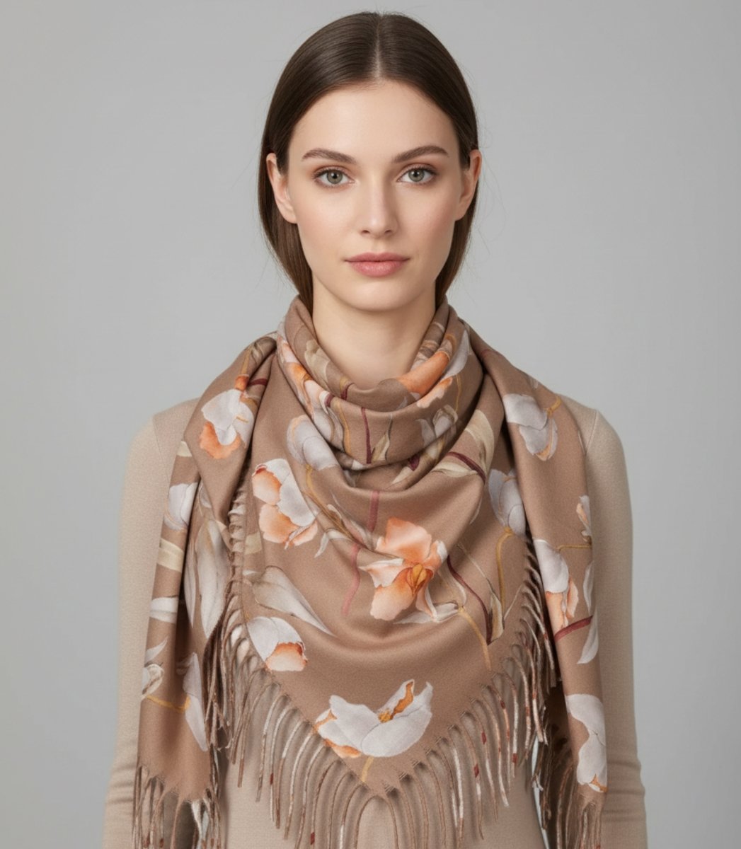 Elegancka kwiatowa chusta szal szalik z frędzlami