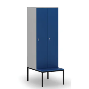 Drewniana szafa ubraniowa z ławką, 2-drzwiowa, 1871 x 600 x 500/800 mm, zamek cylindryczny, szary/niebieski - Szafy biurowe - miniaturka - grafika 1