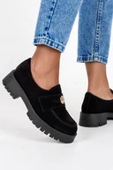 Mokasyny damskie - Czarne mokasyny skórzane damskie na platformie ze złotą ozdobą PRODUKT POLSKI Casu 20144-NO-38 - miniaturka - grafika 1