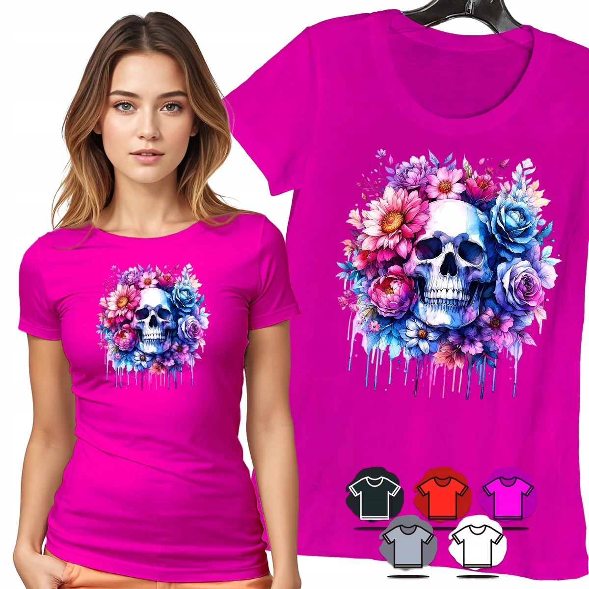 KOSZULKA DAMSKA T-SHIRT - CZASZKA RÓŻE I KWIATY AKWARELA WZÓR DAMSKI - XXL