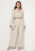 Komplety damskie - Beżowy Komplet Garniturowy z Krótką Marynarką i Spodniami z Paskiem Verithia - miniaturka - grafika 1