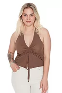 Body - Trendyol Damska bluzka plus size Regular Bodycon asymetryczny kołnierz dzianina plus size, Brązowy, 5XL (Duże Rozmiary) - miniaturka - grafika 1