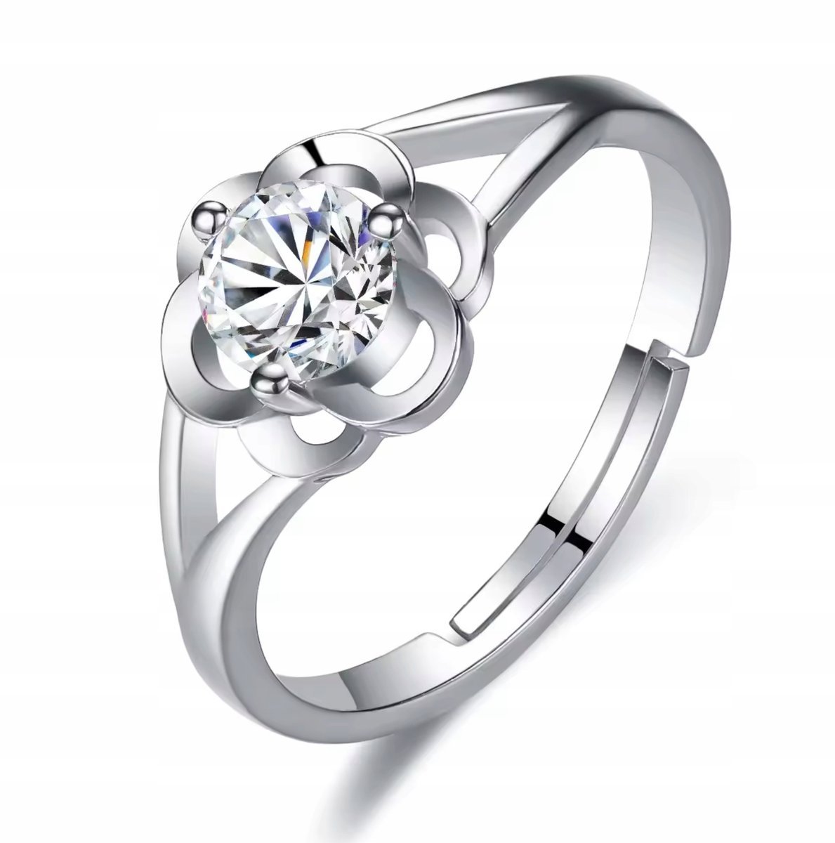 Srebrny Pierścionek z Brylantem Kwiat Regulowany Rozmiar Stal Szlachetna