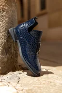 Botki damskie - Granatowe botki lakierowane damskie na ozdobnym klocku guma z ozdoba krokodyli wzór Casu BC24X5-N - miniaturka - grafika 1