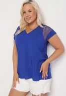 Bluzki damskie - Granatowa Bluzka z Wiskozy z Koronką na Rękawach i Plecach Valentia - miniaturka - grafika 1