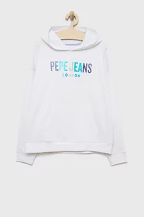 Bluzy damskie - Pepe Jeans bluza bawełniana dziecięca kolor biały z kapturem z nadrukiem - grafika 1