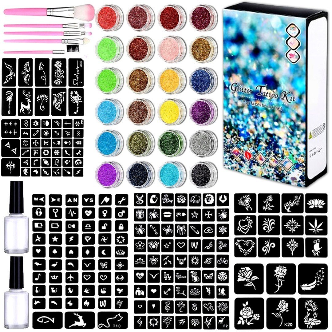 Duży Zestaw Tatuaże Brokatowe 200 Szablonów 24 Brokaty Klej Pędzelki