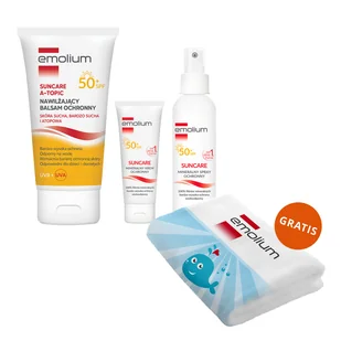 Zestaw Emolium Suncare SPF 50+ krem ochronny 50 ml + spray ochronny 100 ml + nawilżający balsam ochronny 150 ml + ręcznik kąpielowy gratis - Kremy dla dzieci - miniaturka - grafika 1