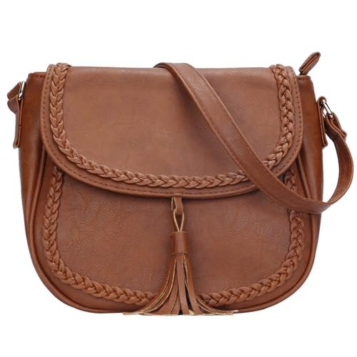 KKXIU Vintage Brown Casual Flap Saddle Crossbody Bag for Women – Tassel Purse & Handbag
