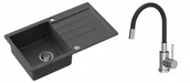 Zlewozmywaki z baterią - Steiner Zlewozmywak granitowy jednokomorowy 77*44*18,5 cm z ociekaczem JOHNNY 111 czarny ze stalowym odpływem z baterią MAGGIE z elastyczną wylewką - miniaturka - grafika 1
