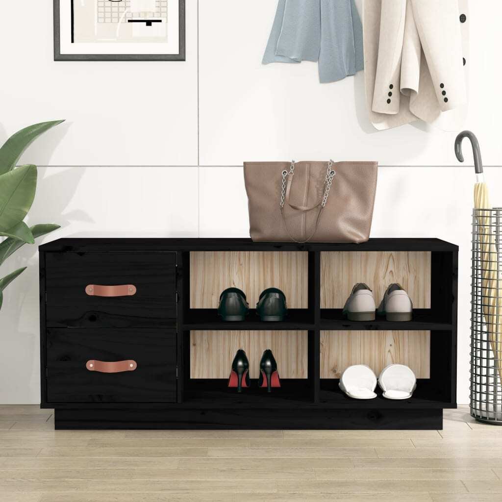 Ławka na buty czarna 100x34x45 cm lite drewno sosnowe