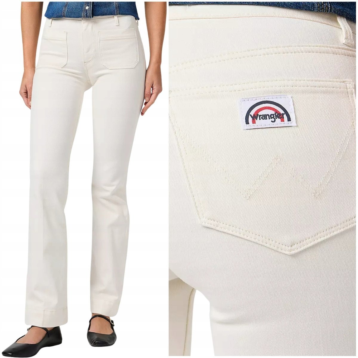 Wrangler FLARE białe damskie spodnie materiałowe bawełniane dzwony W24 L32