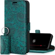 Etui i futerały do telefonów - SURAZO Etui na telefon komórkowy Samsung Galaxy S23 FE Slim z magnesem – składane etui ochronne z prawdziwej skóry [przegródka na karty, ochrona RFID, kwiatowy wzór] etui z klapką (turkusowe) - miniaturka - grafika 1