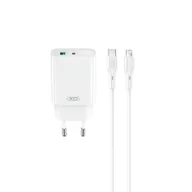 Ładowarki do telefonów - XO ładowarka sieciowa CE30 PD 30W 1x USB-C 1x USB biała + kabel USB-C - Lightning - miniaturka - grafika 1