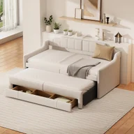 Łóżka dla dzieci i młodzieży - Łóżko dzienne Merax 90x200 cm z wysuwanym łóżkiem 90x190 cm i szufladą, rozkładana sofa z listwowym stelażem i podłokietnikami, łóżko dziecięce tapicerowane lnem - miniaturka - grafika 1