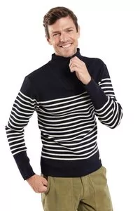 Swetry męskie - Wełniany sweter w paski z zapinaniem pod szyją Armor Lux Pull Camionneur Héritage - Navy Blue / White - grafika 1
